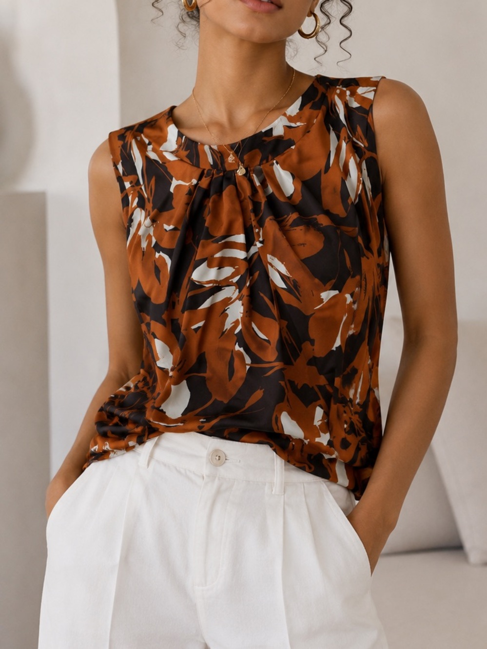 Calvin Klein Rust Black and White Abstract Sleeveless Camisole
